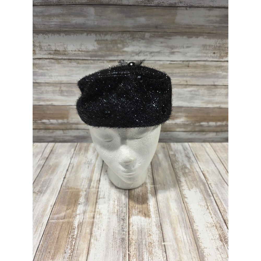 Sparkly Black Beaded Pillbox Hat Women's Glamorous Evening Mr Richard Made USA‎